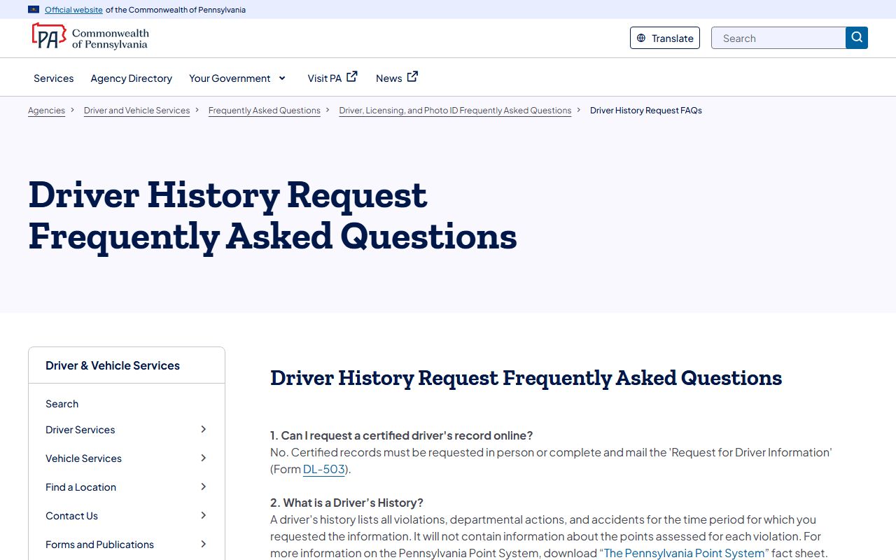 Pike County traffic court records PennDOT driver history FAQ